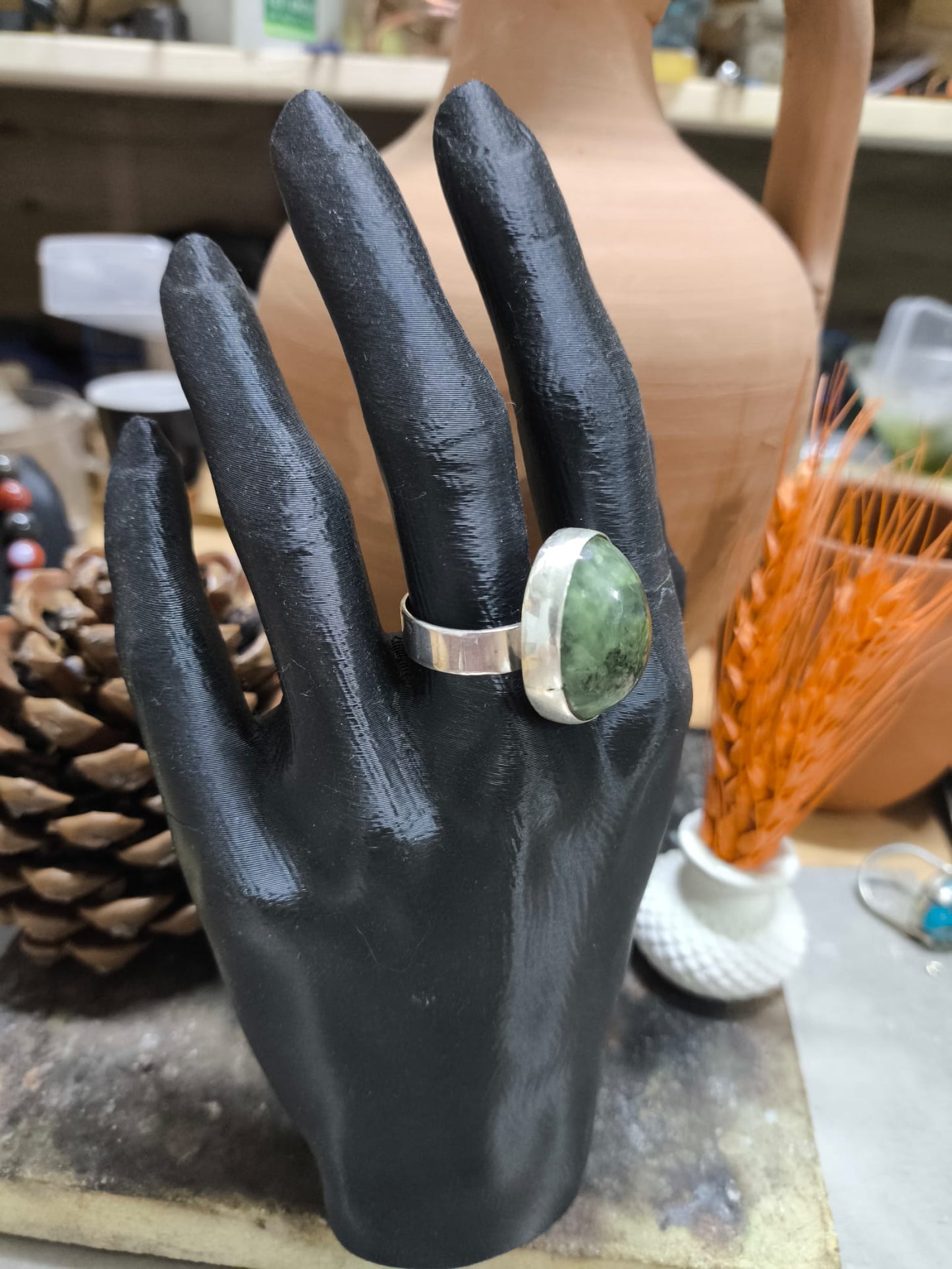 El Yapımı 925 Ayar Gümüş Yosunlu Akik Taşlı Yüzük