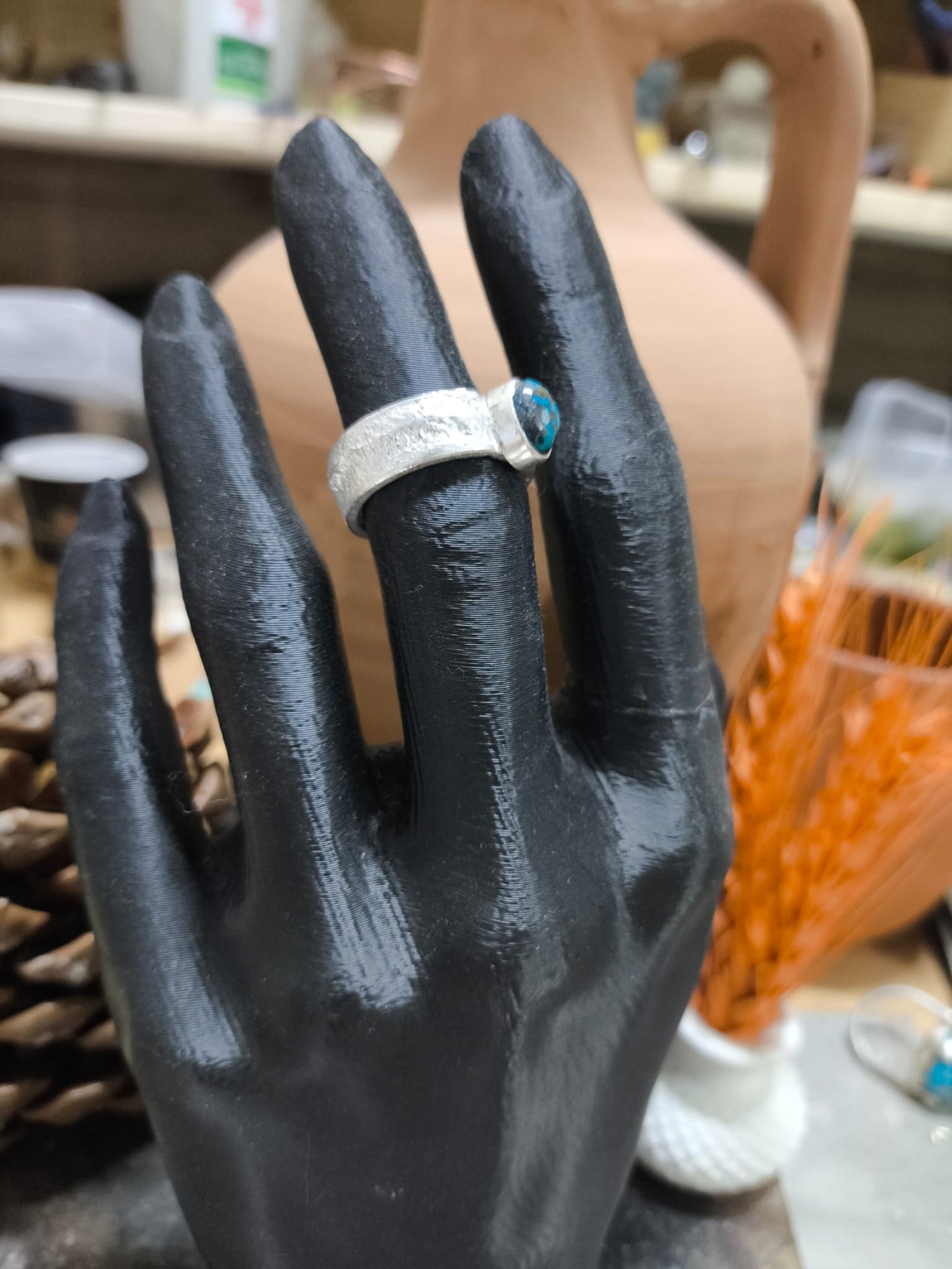 El Yapımı 925 Ayar Gümüş İran Nişabur Firuze Taşlı Yüzük (17 Numara)