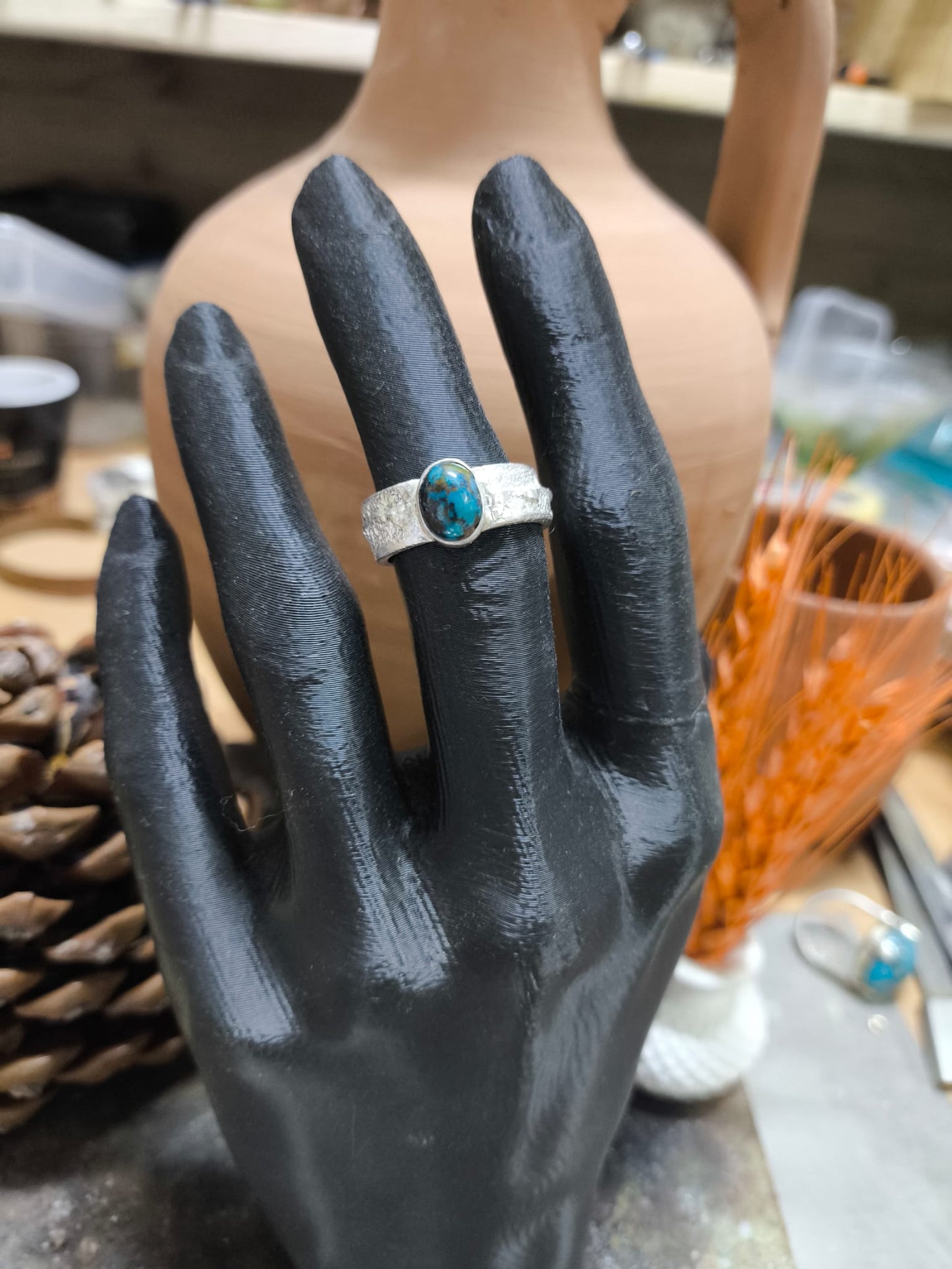 El  Yapımı 925 Ayar  Gümüş İran Nişabur Firuze Taşlı Yüzük (17 Numara)