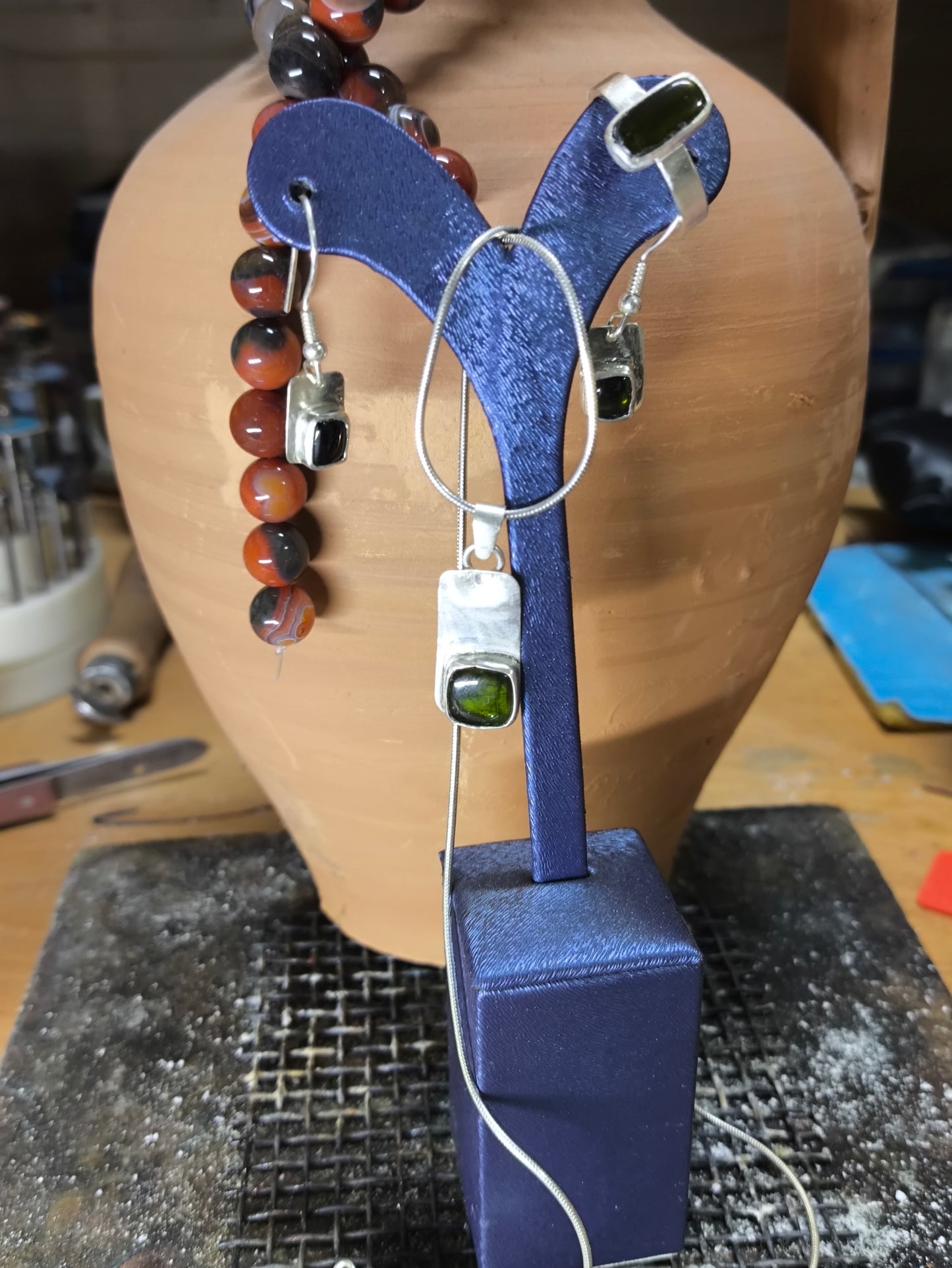 Turmalin taşlı Yüzük, Kolye, Küpe set